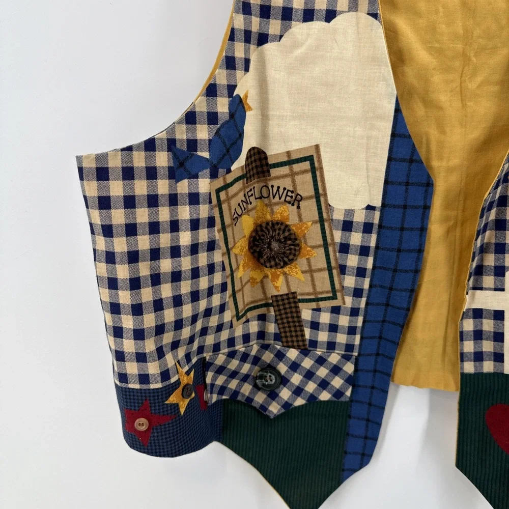 VTG Handmade Blue Gingham Sunflowers‎ Sz L Country Cottage  Novelty Shabby 80s